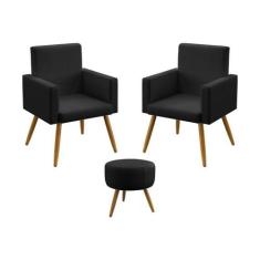 Kit 2 Poltronas Decorativas Vega e Puff Solar Sued Preto Aradecor