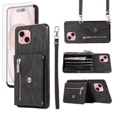 Capa de celular para iPhone 15 Plus 6,7 polegadas e protetor de tela de vidro temperado com alça transversal de pulso suporte para cartão i-Phone 15+ iPhone15Plus 5G i i15 + iPhone 15 Plus feminino