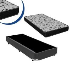 Cama Box Baú Solteiro Colchão Espuma D33 Bordado + Box Sintético Cinza