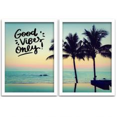 Conjunto Quadros Decorativos 2 Peças 40X60 Praia Good Vibes Titulo Moldura Branca