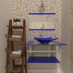 Gabinete de Vidro 60cm Inox com Cuba Quadrada Azul Escuro