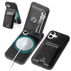 SkyEagle Capa carteira compatível com Magsafe para iPhone 16 de 6,1 polegadas com suporte para cartão com suporte de bloqueio de RFID, compartimentos para cartão de crédito, couro PU, homens e