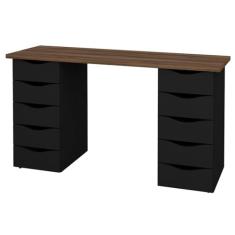Mesa Escrivaninha Moderna para Home Office com 10 Gavetas - Due Artany Nogal e Preto