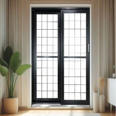 Porta de Correr de Aço 215x160cm Pantografica Grade Quadrada Ideal Crv Esquadrias Preto