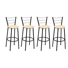 Kit 4 Banquetas Altas Preta com Encosto Assento Bege