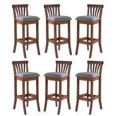 Kit 6 Banquetas Alta Estofada Anthurium 36 x 100 Cm Madeira Maciça Imbuia Linho Cinza L55 - RMI