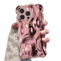 UEEBAI Capa para iPhone 15 Pro, linda cor sólida encaracolada em forma de onda à prova de choque, macia, amortecedora, capa fina de silicone 3D, sem amarelamento, ouro rosa