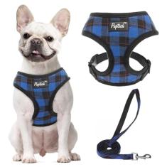 PUPTECK Conjunto de coleira e coleira para cães de malha macia para animais de estimação, filhotes, gatos, colete acolchoado confortável, sem puxão, azul marinho, M