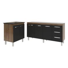 Balcão Cozinha Gabinete Para Pia 138 Cm Carine E Balcão Para Cooktop 4 Bocas Fran Savana Preto