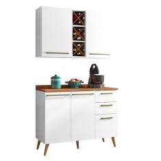 Armário de Cozinha Compacta 4 Portas 3 Gavetas com Adega 1,20m Favorita Branco / Natura