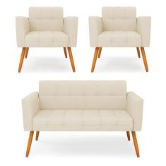 Kit 1 Sofá Namoradeira E 2 Poltronas Elisa Linho Bege A19 Pés Palito Castanho - D`rossi