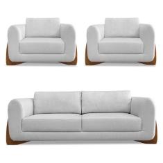 Kit 2 Poltronas e Sofá Living 2 Lugares 1,80m Lottus Linho Pés Castanh