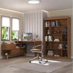 Escrivaninha em L Retrô 136x120cm com Estante 120cm para Livros 4 Prateleiras Nogal