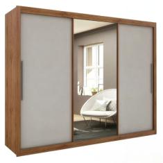 Guarda Roupas de Casal com Espelho Real Gelius Madeirado / Madeirado / Off White 3 Pts Correr