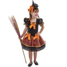 Fantasia Bruxinha Carlota Laranja e Preto Infantil com Tiara