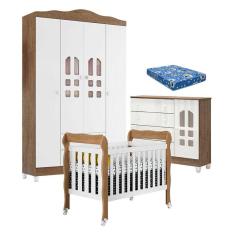 Quarto de Bebê New Selena 4 Portas com Berço Lila e Cômoda Selena Branco Acetinado Amadeirado e Colchão Ortobom - Carolina Móveis