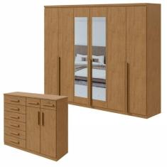 Conjunto de Guarda-Roupa Alonzo com espelho e Cômoda Toronto Amêndoa Clean