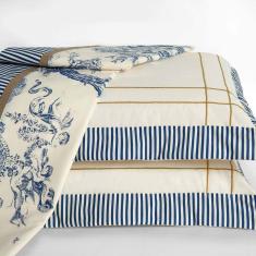 Jogo Cama Lençol Nobreza Queen Percal 180 Fios 04 Peças - Palha Com Azul