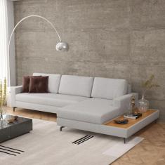 Sofá em Linho 292cm Chaise Direito e Deck Loft Cinza