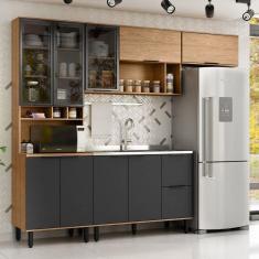 Cozinha Modulada Toscana 4 Peças Mdf com Aéreo 1200 Porta de Vidro e Paneleiro Freijó/Nero