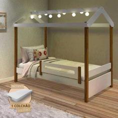Cama Montessoriana Solteiro Casinha Eliz Com Led Grade De Proteção E Colchão Branca/Castanho Claro