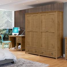 Conjunto Quarto: Guarda-Roupa 4 Portas, Escrivaninha 2 Gavetas Topázio Freijó Madeira Pinus - Finestra