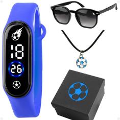 Relogio Infantil Futebol Led + Oculos Sol + Caixa + Colar Original Criança Led Prova Dagua Ajustavel