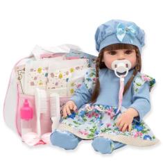 Boneca Reborn Silicone Enxoval Completo Vestido Florido Azul - Cegonha