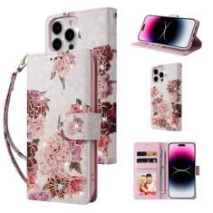 UEEBAI Capa carteira para iPhone 16 Pro Max, capa de telefone de couro PU com suporte e bloqueio de RFID, compartimentos para cartões, alça de pulso, padrão gravado, fecho magnético, flor, carteira