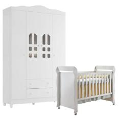 Berço Americano Mirelle e Guarda Roupa New Selena 4 Portas Branco Bril