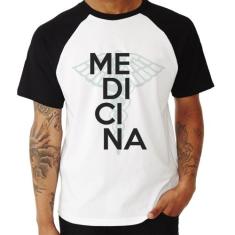 Camiseta Raglan Medicina Estudante - Foca na Moda, Branco, Preto, M
