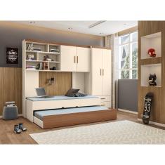 Jogo de Quarto Chiara 4 Peças - Off White Amadeirado - Roupeiro 2 portas, Módulo Aéreo e Cama com Auxiliar - Phoenix Bab