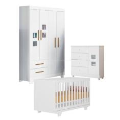 Quarto de Bebê com Berço Mini Cama, Cômoda 1 Porta 4 Gavetas e Roupeir