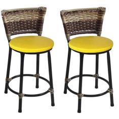 Kit 2 Banquetas Baixas Preta com Encosto Junco Capuccino Assento Amare