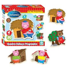 Quebra-cabeça Progressivo Os Três Porquinhos Madeira 30Pçs