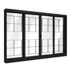 Janela de Aço de Correr Central com Grade Quadrada 4 Folhas 100x100cm Aço Pronto Riobras Preto