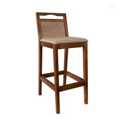 Banqueta Alta para Bancada Estofada Valência Rattan em Madeira Castanho Linho Bege CCS