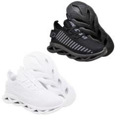 Kit 2 Tênis Esportivo Sola Trançada Masculino Treinos Leve e Confortável White e Black-Masculino