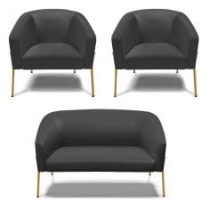 Sofá Namoradeira E 2 Poltronas Pé De Ferro Dourado Stella Corino D03 - D`rossi Cor Preto