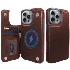 TopPerfekt Capa carteira para iPhone 16 Pro Max 6,9 polegadas, compatível com MagSafe, carregamento sem fio, suporte de cartão de couro resistente a quedas, capa protetora magnética para celular -