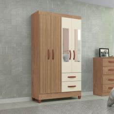 Guarda-Roupa Solteiro Fortaleza 4 Portas 2 Gavetas com Espelho Ripado 3d Canelato/Off White - Atualle Móveis