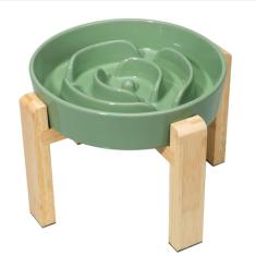 Tigela de alimentação lenta elevada para cães - Prato de labirinto com suporte de bambu - Tigela de comida de cerâmica elevada para cães médios e grandes - verde - 22,4 cm