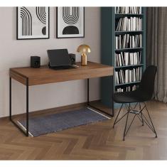 Escrivaninha Industrial Escritório Malta Amêndoa 137X53Cm Com 1 Cadeira Preta Base Ferr Cor: Amendoa