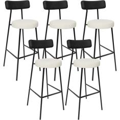 Kit 05 Banquetas Alta Cozinha Sala Jantar Milão L02 Couríssimo Preto Linho Champagne - Lyam Decor