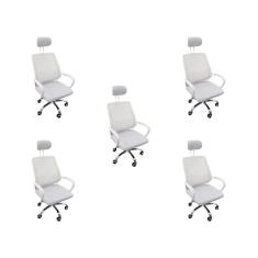 Kit 5 Cadeiras Escritório Diretor Tela Mesh Encosto De Cabeça Branco