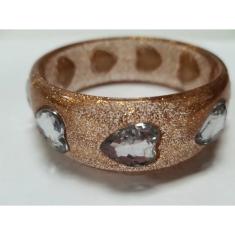 pulseira bracelete de acrilico com glitter e chaton de coração bronze