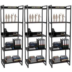 Kit 03 Estantes com 5 Prateleiras Escritório Estilo Industrial Form C01 187x60cm Preto Onix - Lyam Decor