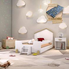 Cama Infantil Montessoriana com Colchão e Escadinha Solteiro Ayla - Branca e Natural