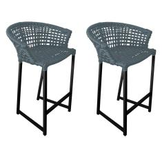 Kit 2 Banquetas Reis em Corda Náutica e Base em Alumínio Preta para Área Gourmet - Externa Cinza