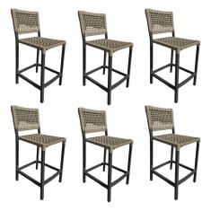 Kit 6 Banquetas França em Corda Náutica e Base em Alumínio Preta para Área Gourmet Rami